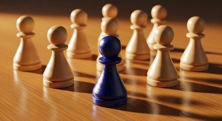 Blue pawn standing out from crowd of white pawns on chessboard
