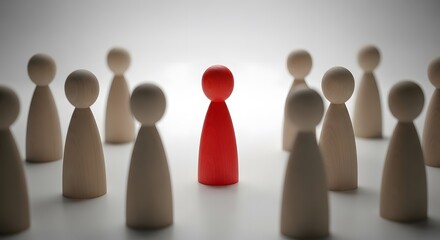 Red figure standing out among beige wooden figurines
