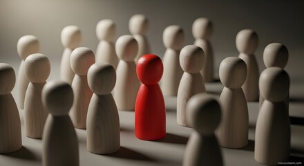A single red wooden figure standing out in a crowd of white figures