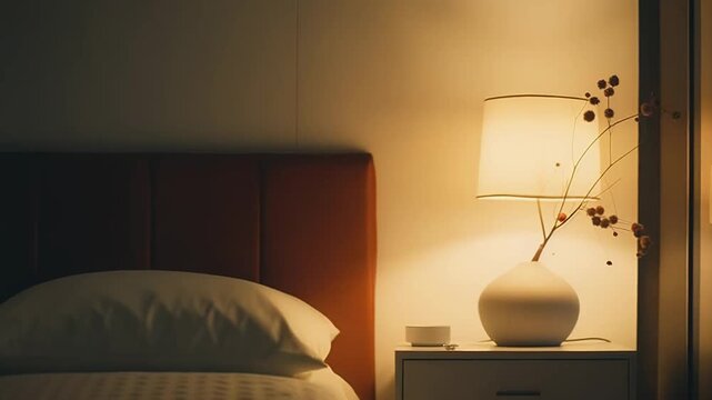 Bedroom nightstand featuring an elegant table lamp with a white shade providing warm light, creating a calm and comfortable mood in a domestic interior setting