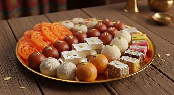 Assorted indian sweets on a golden plate