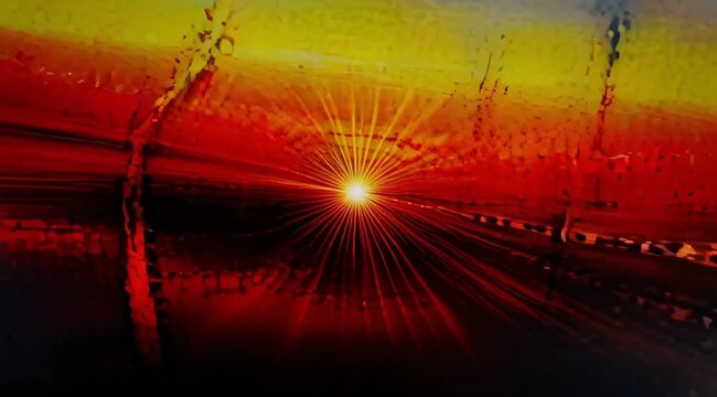 Abstract High-Energy Light Flare Animation with Radiant Sunburst and Film Strip Edges, Intense Red and Yellow Rays with Retro Grain Texture
