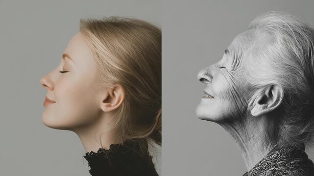 Transition from young to older woman concept. The image showcases a profile comparison of a young woman and an elderly woman, emphasizing age progression.