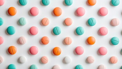 Colorful pills, various colors, arranged in a neat pattern on white