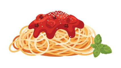 A delightful illustration of classic Italian spaghetti, generously topped with a vibrant red tomato sauce, delicate white sprinkles, and fresh green
