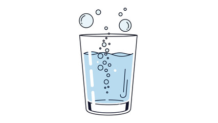 Simple illustration of clear refreshing bubbly water within a transparent drinking glass with effervescent streams ascending upwards capturing