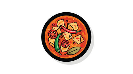 A vibrant illustration of a rich, savory stew featuring tofu, fresh chilies, and aromatic spices.