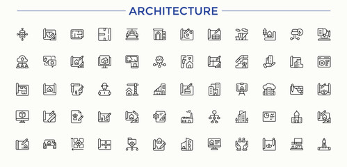 Set of Architecture line icon. Pictograms of drawing, plan, blueprint, project, home and more. Set of line pictogram. Plan icon set. Editable vector illustration.