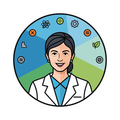 Woman scientist portrait in circle with science icons