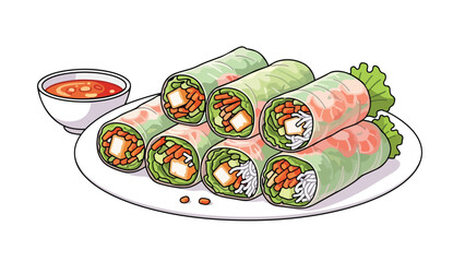 A beautifully illustrated platter of fresh, vibrant Asian spring rolls served with a flavorful dipping sauce, showcasing a healthy and delicious