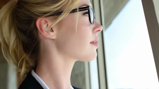 Transition from young to older woman concept. A woman with glasses gazing thoughtfully out a window, representing maturity and introspection.