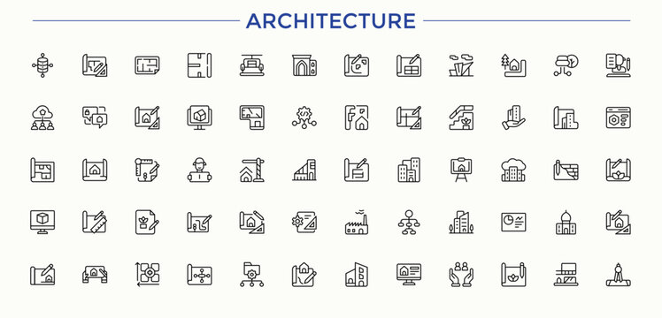 Set of Architecture line icon. Pictograms of drawing, plan, blueprint, project, home and more. Set of line pictogram. Plan icon set. Editable vector illustration.