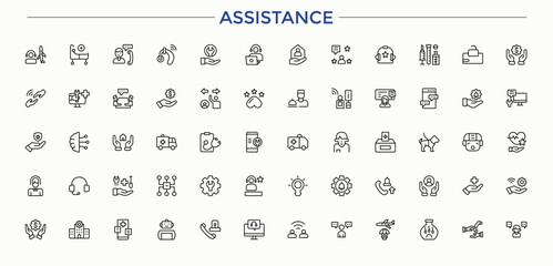 Assistance vector line icon set. Help line icon set. Modern thin line style icons. Contains such icons as help, support, assist, customer service, center and more. Editable stroke collections.