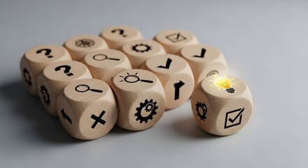 Wooden dice with various symbols on plain gray background for problem solving