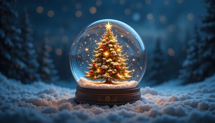 Shiny Christmas Tree Inside Snow Globe with Sparkling Snow Festive Holiday Decoration Background