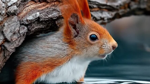 Curious squirrel emerges from its shelter into a natural water setting