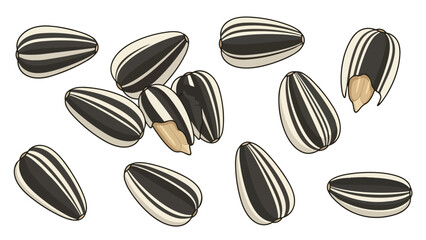 Beautifully illustrated striped sunflower seeds, some cracked to show their edible kernels, symbolizing healthy, natural snacks and ingredients for