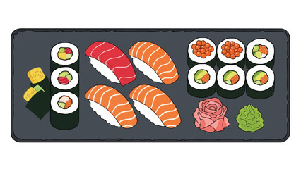 Vibrant illustration of a varied sushi platter featuring nigiri, maki rolls, and condiments arranged neatly on a dark serving