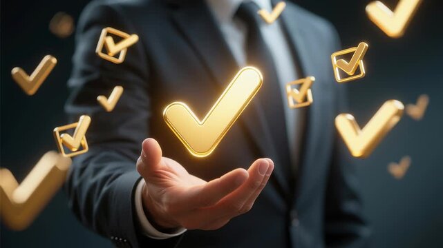 AI driven checklist audit compliance business performance monitoring task online survey services concept with glowing golden check marks floating above hand in modern business environment
