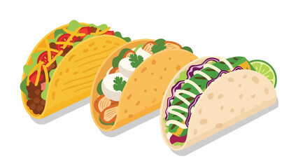 Vibrant collection of stylized Mexican tacos, featuring diverse fillings and crisp shells in an appealing culinary illustration.