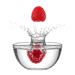 Raspberry falling into clear glass bowl filled with water creating splash