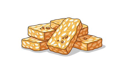 Vibrant illustration depicting a delightful stack of golden almond nougat bars, highlighting their appealing texture and sweet taste perfect for