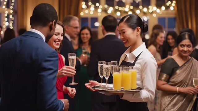 Elegant cocktail reception with diverse guests and staff at a formal event