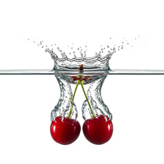 Cherries dropping into clear water, creating a splash, viewed from the side, showcasing fruit and liquid dynamics in a serene environment