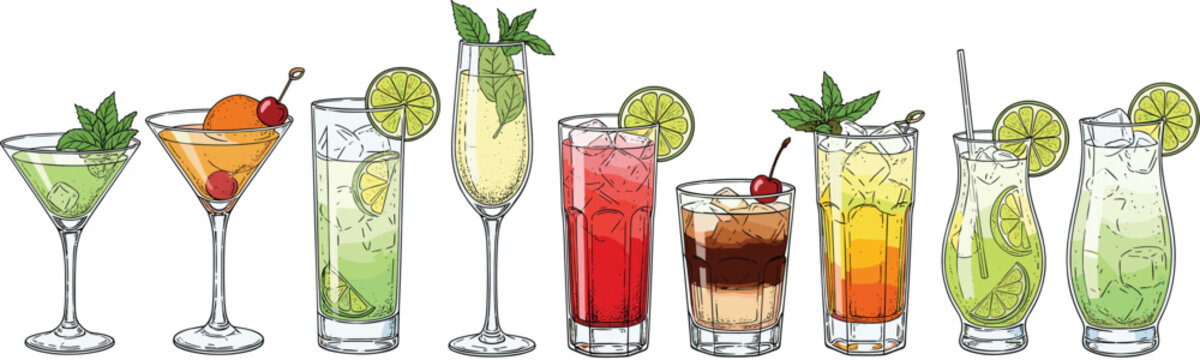 Hand drawn colorful cocktail drinks collection in different glasses with mint lime garnishes isolated on white background