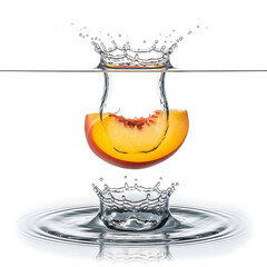A glass of orange juice splashing into a pool of water, creating a splash effect from a high viewpoint