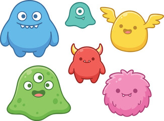 Assortment of whimsical, colorful cartoon monsters with different features Keywords: cartoon monster, cute monster, friendly