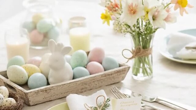Elegant Easter Table Setting with Pastel Eggs and Floral Arrangement for Festive Celebration