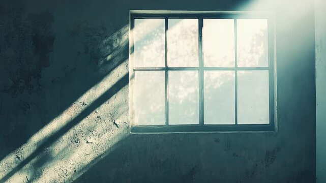 Sunlight streams through a large industrial window, illuminating a textured wall with distinct parallel shadows, creating a tranquil and atmospheric interior space