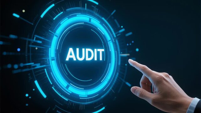 AI driven audit checklist business compliance performance monitoring task online survey services concept with hand pointing futuristic digital interface