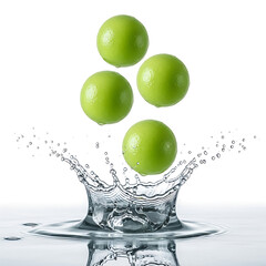 Three green balls falling into a body of water creating a splash from a high viewpoint