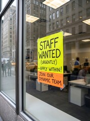 Bright job advertisement on city office window seeks new team members, Staffing shortage concept