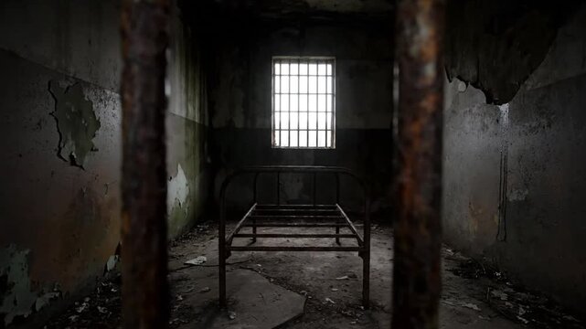 Spooky abandoned jail cell interior with a rusted metal bed frame and window bars, scary prison scene.