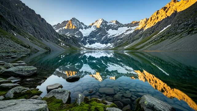Serene mountain lake reflecting peaks at sunrise