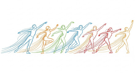 Naklejka premium Multicolored dancing figures in dynamic poses with flowing lines expressing joy and movement on white background