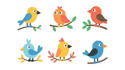 Fototapeta premium A colorful illustration of six cartoon birds on branches with leaves