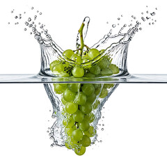 Fresh green grapes splashing into clear water, creating ripples and splashes from a high viewpoint