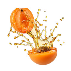 Freshly cut orange splashing juice in mid-air, vibrant and dynamic, captured from a front viewpoint