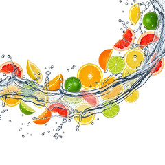 Vibrant citrus fruits splashing in clear water, showcasing oranges, lemons, and limes from a dynamic viewpoint