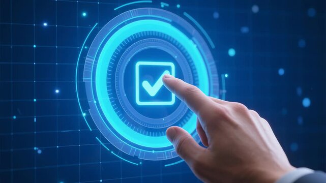 AI driven checklist audit compliance business performance monitoring task online survey services concept with hand pointing glowing digital checkmark icon futuristic interface
