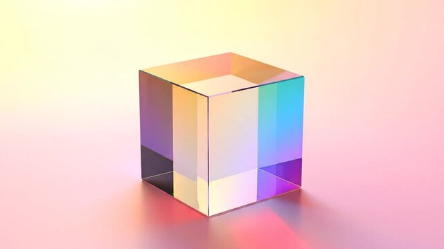 A translucent, square cube exhibits a spectrum of colors from top to bottom, sitting on a pink surface