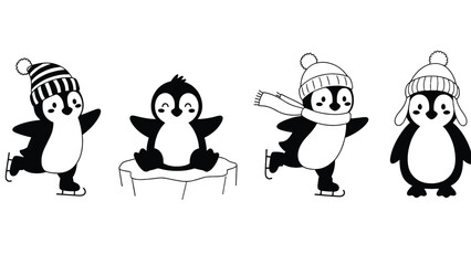 Fototapeta premium Four adorable penguins wearing winter hats in a playful scene