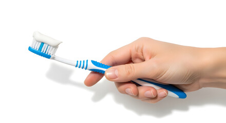 Toothbrush with Toothpaste in Human Hand Isolated on White