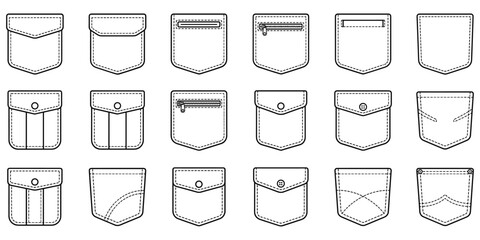 Outline Icons of Various Shirt Pockets with Stitching and Fasteners on White clothing fashion © Rasel