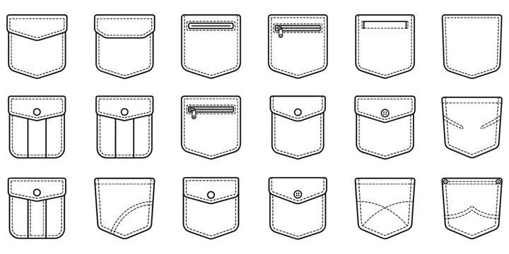 Outline Icons of Various Shirt Pockets with Stitching and Fasteners on White clothing fashion