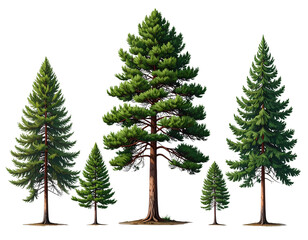 Four pine trees in different sizes, isolated on a transparent background PNG 